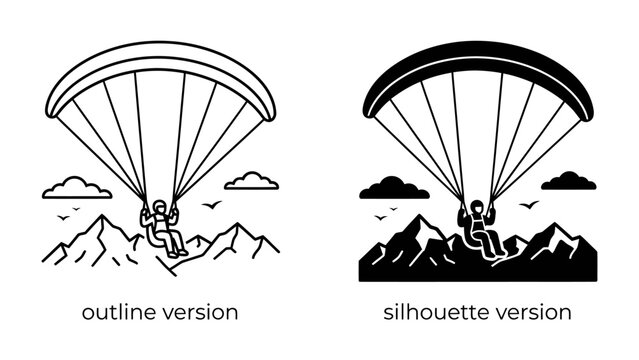 Paragliding Duo: Two stylized figures in silhouette and outline engage in paragliding, soaring above majestic mountain peaks under a cloudy sky, capturing the thrill of aerial adventure.