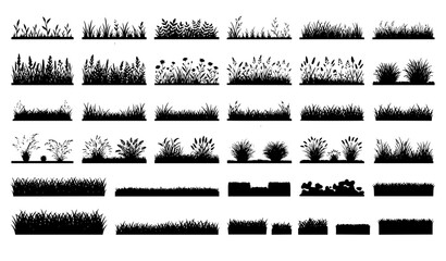 Grass and Meadow Plants Silhouette Set, Black Vector Illustration Collection of Field Grass and Bushes © Nirmol