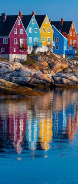 Colorful coastal charm amid greenland's natural beauty. Thriller poster. Greenland's llulissat: where bright colors meet icy seas. Poster illustration. Promotional poster.