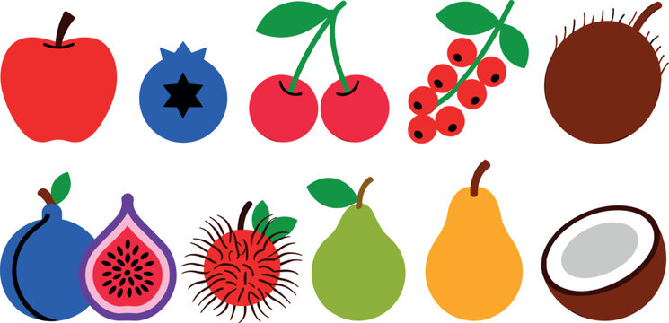 Vector illustration set of flat fruit icons featuring apple blueberry cherry redcurrant fig rambutan pear and coconut isolated on white background.