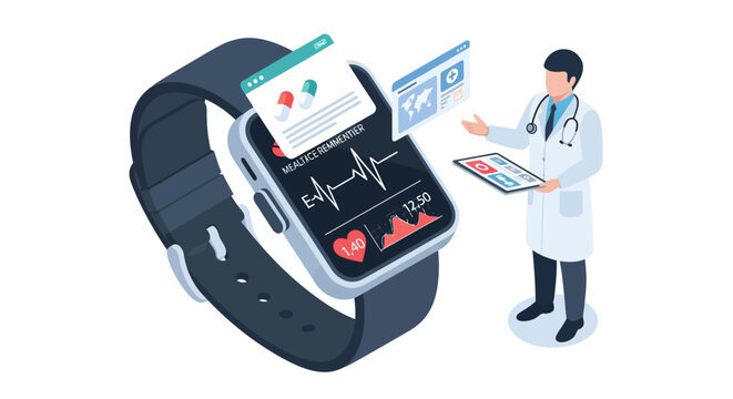 Doctor analyzing smartwatch health data, ECG, heartbeat, pills, medical technology