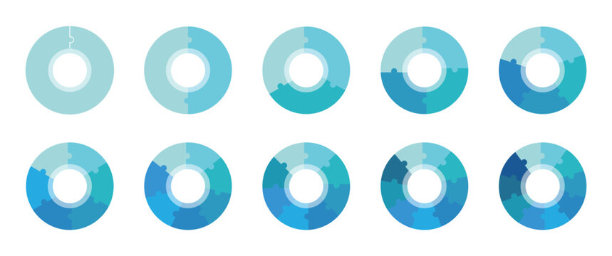 Set of circular puzzle. Pieces puzzle on circle. Colorful puzzle circle stages. Diagram infographic set. Circle vector 1, 2, 3, 4, 5, 6, 7, 8, 9, 10 parts, Process, stages, segmented concept.