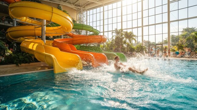 Brightly colored water slides splashing into a pool in an indoor water park.