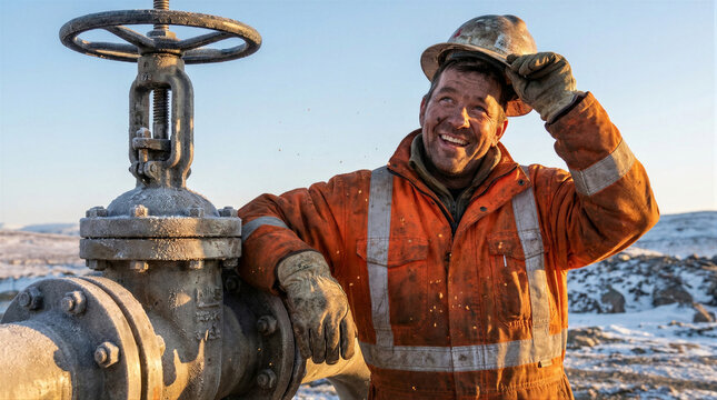 Man oil worker standing next to a large industrial valve at an outdoor job site. Caucasian man wearing a reflective orange coverall and hard hat. Energy industry field maintenance work
