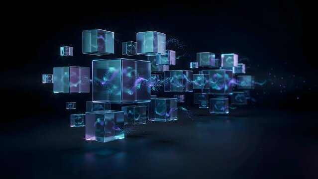 Holographic cubes sorting glowing digital particles &ndash; Suitable for quantum mechanics simulations, machine learning, or future software.