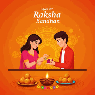 Happy Raksha Bandhan: Sister Ties Rakhi to Brother, Indian Festival, Sweets, Lamp