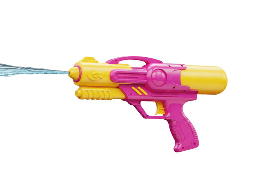 Plastic water gun in pink and yellow shooting water jet with activity, spraying