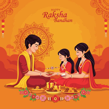 Raksha Bandhan celebration: Brother ties rakhi on sister's wrist, family gifting, Indian festival joy