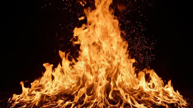 Intense Flames Burning Brightly in Dark Night.