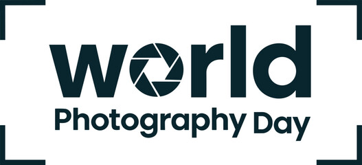 World photography day typography logo design with lens shutter icon isolated on clean white background © Binoba