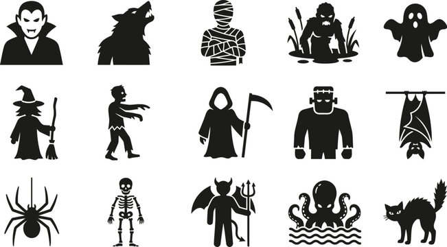 Set of halloween creature and monster character icons for spooky holiday celebration event.