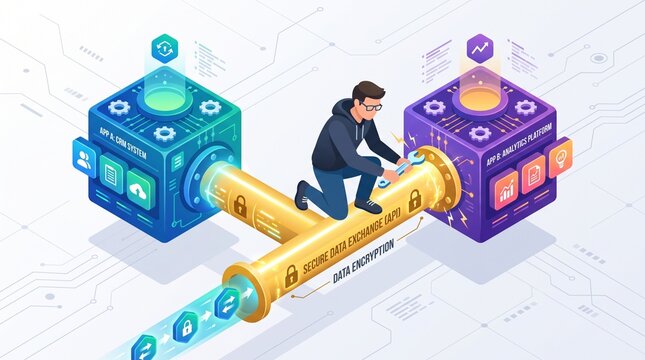 Professional illustrating secure data transfer between crm and analytics platforms via encrypted api connection with emphasizing encryption API integration modern tech environment