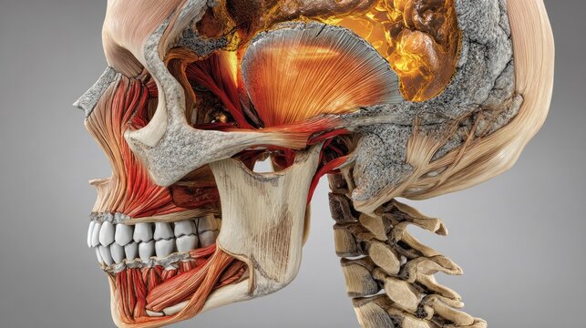 Anatomical Skull and Muscles: A detailed 3D rendering of a human skull, showcasing the intricate musculature and bony structures, with emphasis on the jaw and cranial cavity.
