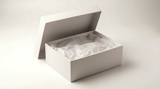 Open white cardboard gift box with soft crumpled tissue paper inside for presents.