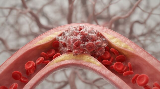 Cerebral blood clot formation obstructing arterial flow to cause ischemic stroke.