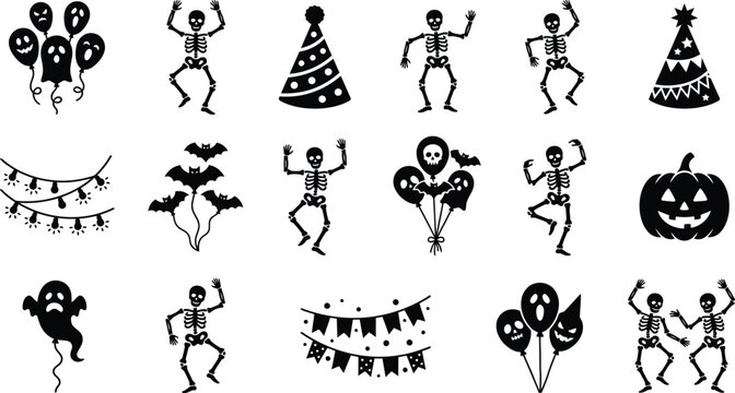 Halloween party decoration vector elements with dancing skeletons balloons ghosts and pumpkin.