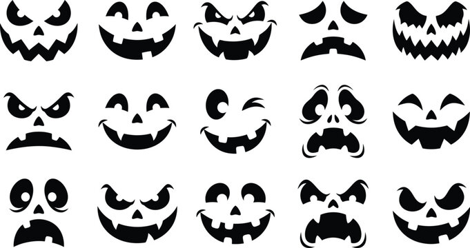 Halloween pumpkin face silhouette set, scary jack o lantern carved faces collection.