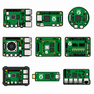 Collection of various Raspberry Pi circuit board computer models in green and black colors