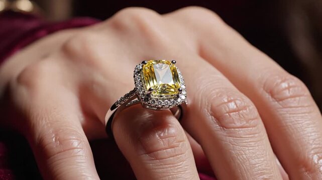 Elegant woman wearing large yellow diamond ring on finger