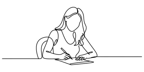 Obraz premium Continuous line drawing of a woman writing on paper at a desk