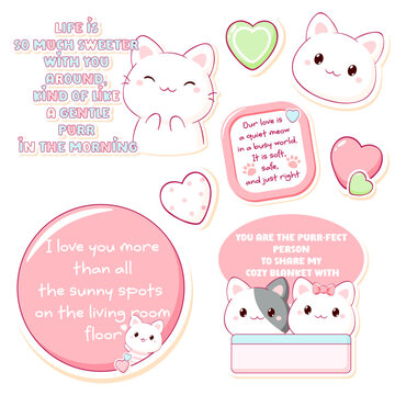 Cute Kawaii cat sticker set. Kitty Planner Sticker, Pastel Pink Cutecore Element, Digital Journaling Clipart. Vector cat collection for scrapbooking and planner, pink sweet aesthetic label, tag, badge