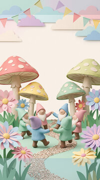 Whimsical pastel clay gnomes dancing in a circle by giant mushrooms