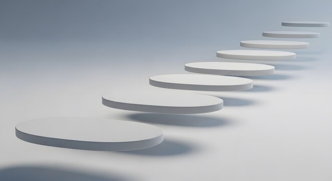 Abstract row of white circular steps stairs path ascending backdrop