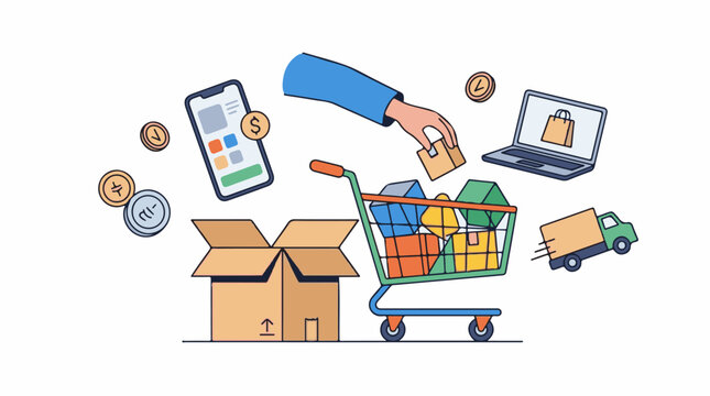 A colorful illustration depicting a person adding a package to a shopping cart surrounded by symbols representing e-comm