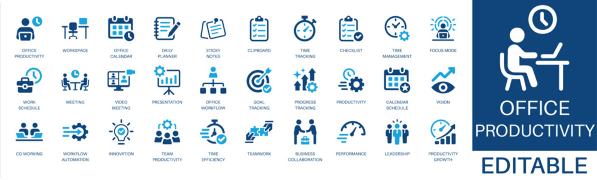 Office productivity and time management solid icon set. Featuring work schedule, teamwork, performance, time tracking, and vision. Editable vector glyphs for corporate efficiency and business workflow