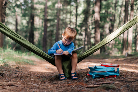 Young boy writing in a notebook in a hammock outdoors