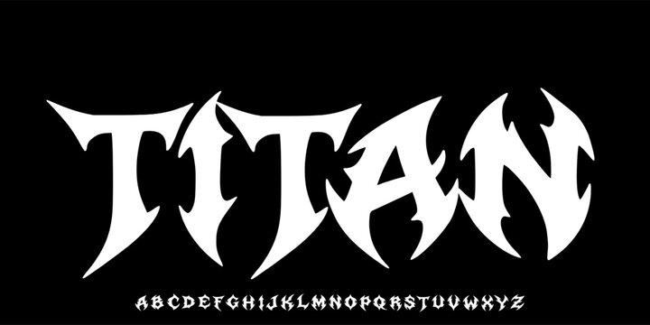 Titan dark alphabet vector set, letter typography print, bold vintage scary typeface. Rock poster sign, graffiti, hardcore letters