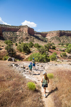 Three children hiking together in a desert canyon
