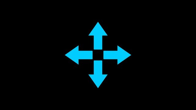 Four arrows corner four arrows expand Outline icon animation on black background. Arrow icon in trendy flat icon. Arrows all directions icon. 4k video