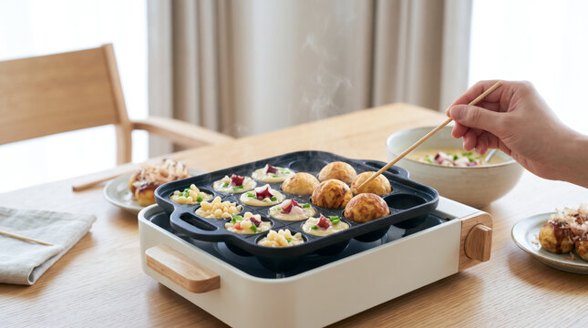 自宅でホットプレートを使って、大阪のソウルフードのたこ焼きを焼く女性の手元