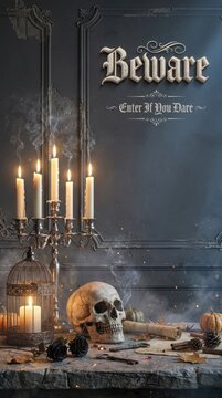 Spooky happy halloween still life skull candles and pumpkins for a dark aesthetic