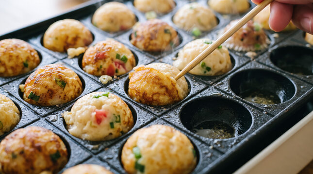自宅でホットプレートを使って、大阪のソウルフードのたこ焼きを焼く女性の手元