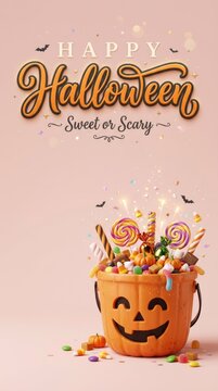 Happy halloween overflowing pumpkin candy bucket with sweet treats festive decorations