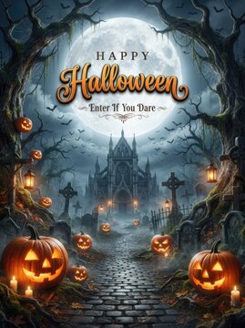 Spooky happy halloween haunted castle with jack o' lanterns and full moon