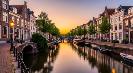 Obraz premium Scenic Urban Canal View with Historic Architecture at Sunset.