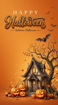 Happy halloween spooky cottage with jack o' lanterns and autumn foliage