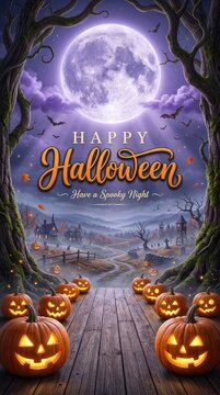 Happy halloween spooky night scene with jack o' lanterns and haunted village