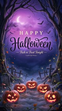 Happy halloween spooky graveyard scene with jack o' lanterns and bats