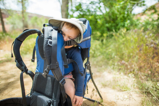 Young child sleeps soundly in a backpack carrier
