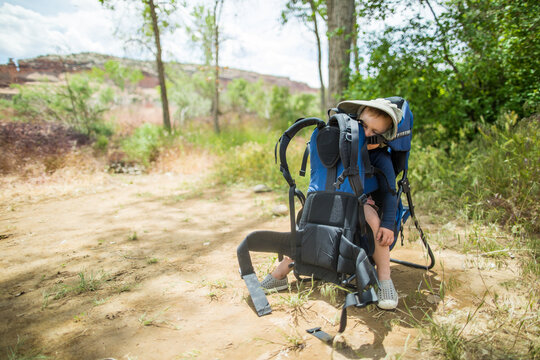 Tired toddler boy napping in a hiking carrier backpack