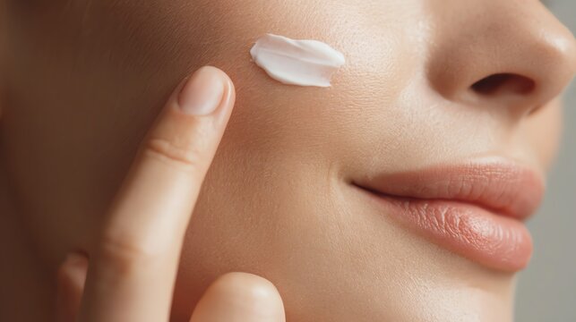 Applying cream for radiant skin care routine.