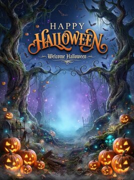 Happy halloween spooky forest entrance with jack o' lanterns and welcoming archway