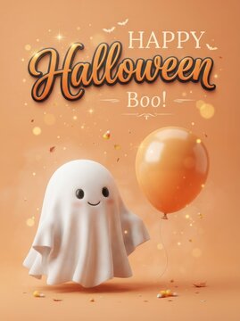 Happy halloween adorable ghost with balloon festive fall holiday celebration