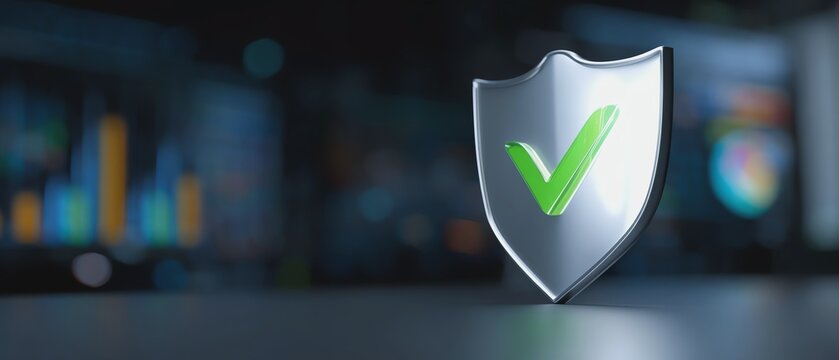 Digital security check mark on shield symbol.