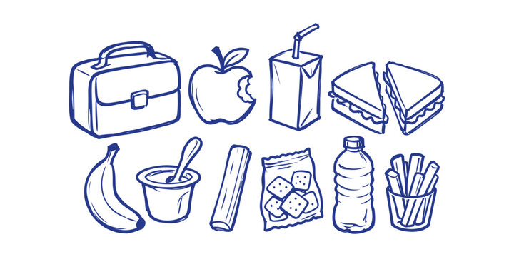 school lunch box collection and hand drawn education food snack apple sandwich banana yogurt snack cracker water bottle cookie stick doodle icon set vector illustration