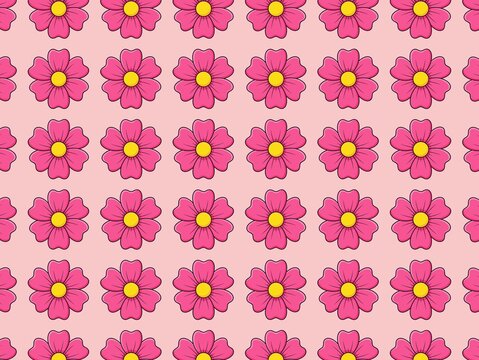 A seamless floral pattern featuring rows of pink flowers with five rounded petals and bright yellow centers, set against a light pink background. The design is repetitive, with each flower evenly spac